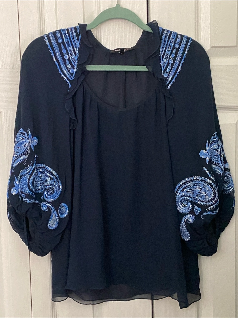 Nanette Lepore 100% Silk Blue Paisley Embroidered Blouse